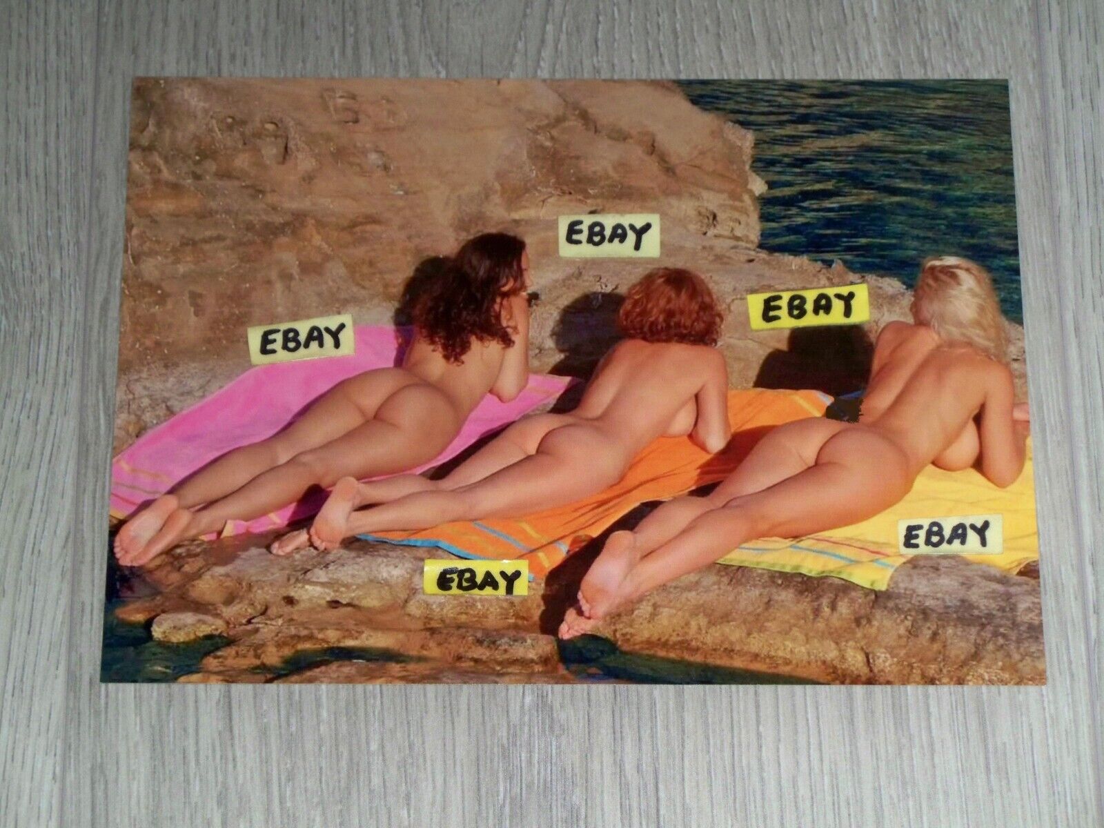 5X7 Art Photo 3 Naked Women Rear View Laying On Rocks Blond Brunette Redhead