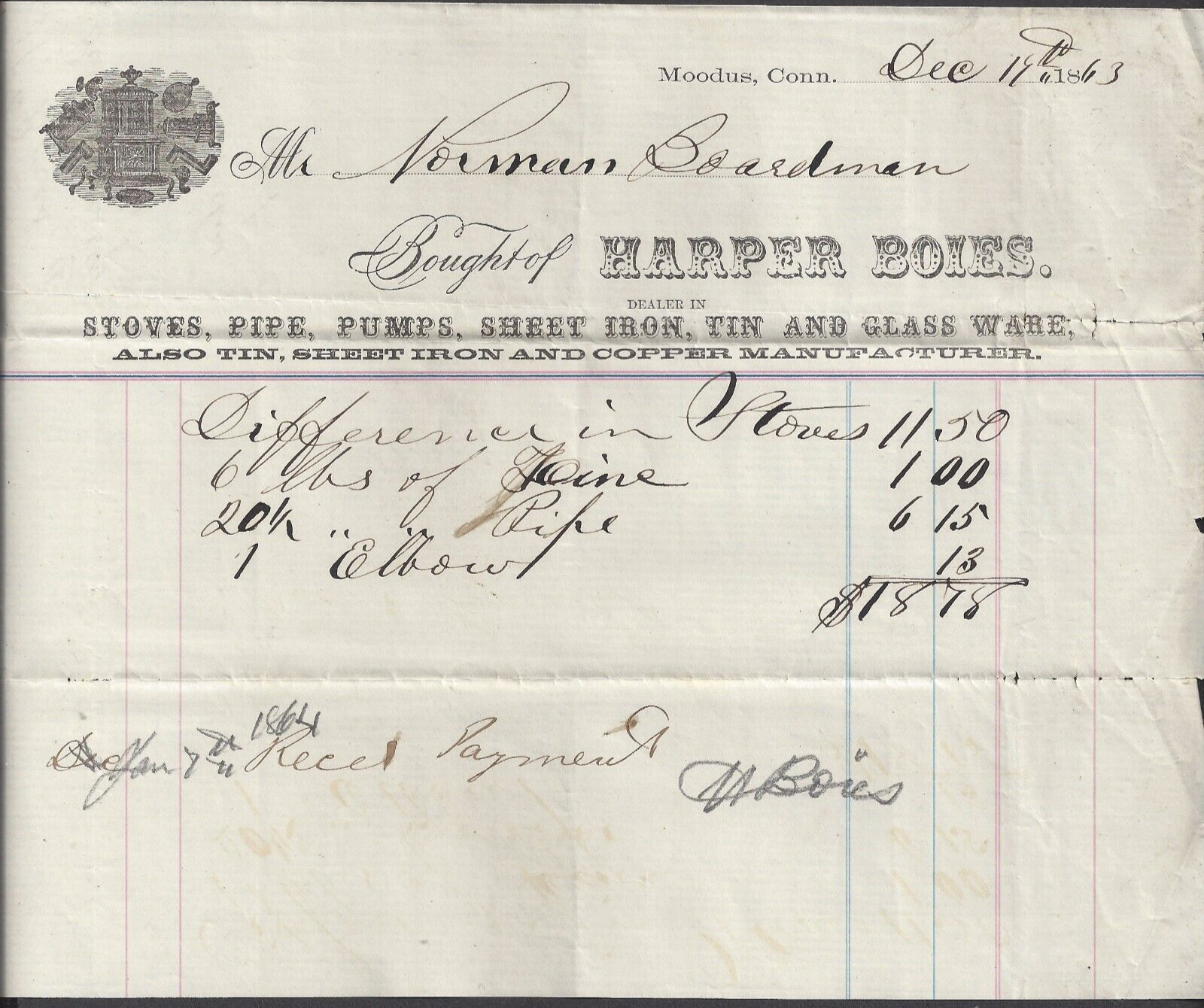 MOODUS, CT ~ HARPER BOIES, STOVES, PIPE, PUMPS,  ~ ILLUS. BILLHEAD 1863