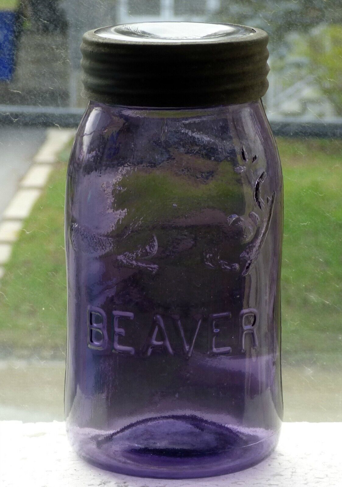 Antique quart size BEAVER deep purple fruit canning jar 