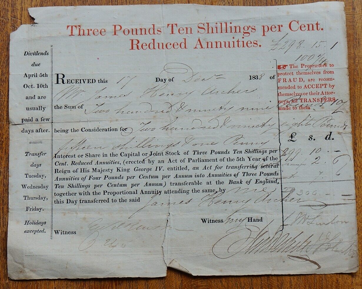 Three Pounds Ten Shillings per Cent Reduced Annuities dated 1838 for £298