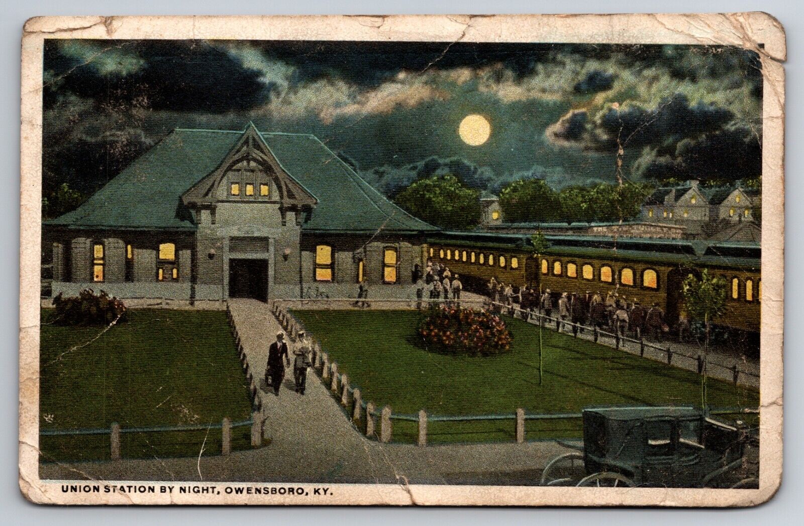 Union Station by Night Owensboro Kentucky KY Railroad Depot 1921 Postcard