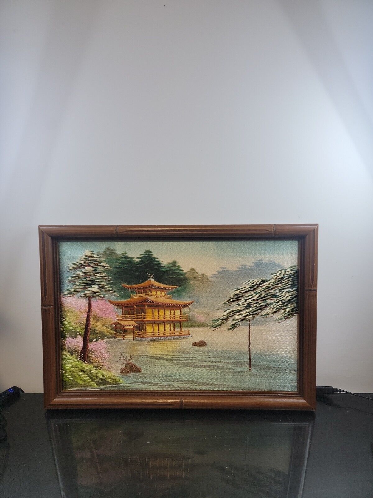 Hand Embroidered Picture Of Japan House By Lake Wooden Frame Wall Art
