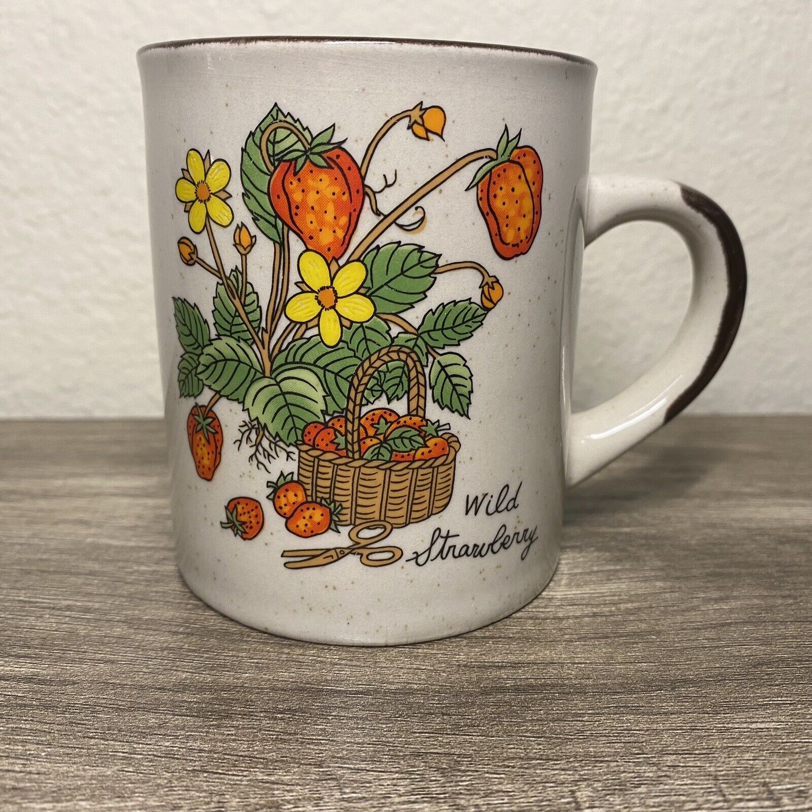 Vintage 1970s Wild Strawberry Stoneware Mug Korean Tan Flowers Basket