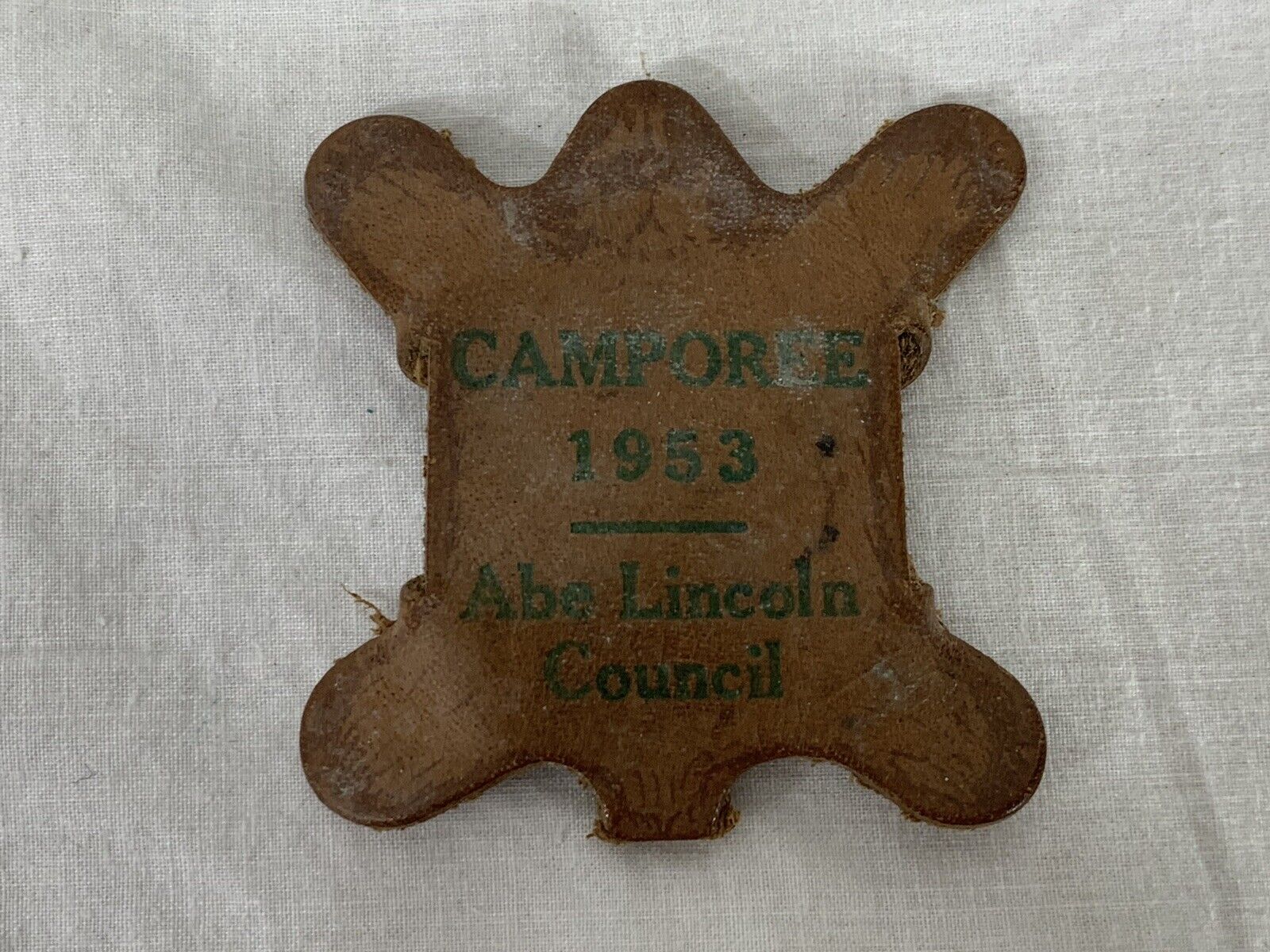 Vintage 1953 CAMPOREE ABE LINCOLN COUNCIL Leather Handkerchief Slide B.S.A.