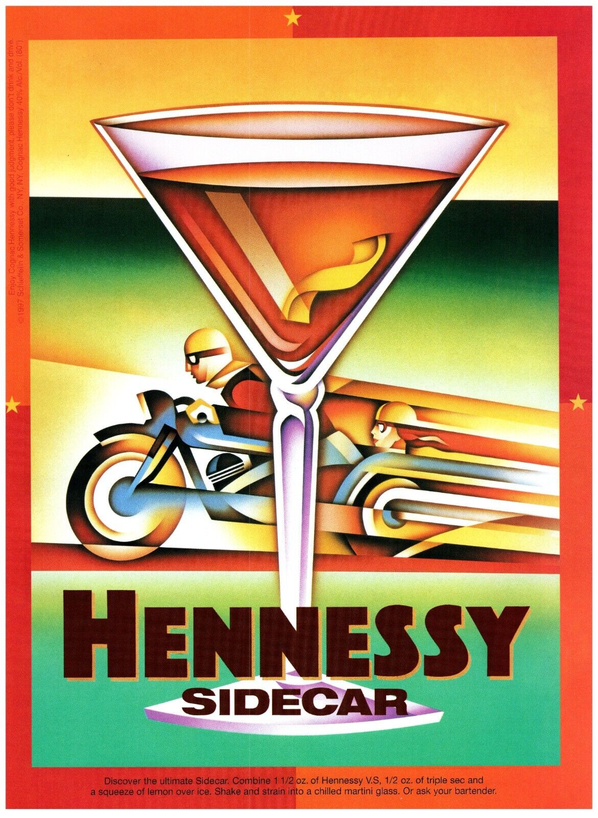 1998 Hennessy Sidecar Print Ad, MCM Art Style Cognac Cocktail Fast Motorcycle