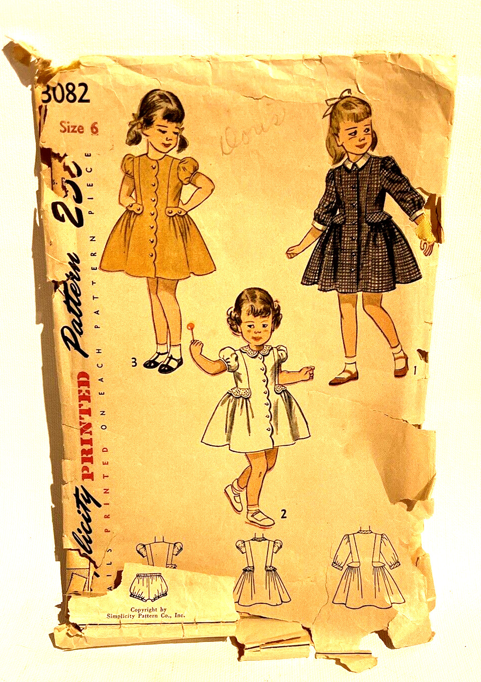 Vintage 1950s Simplicity Girls Dress Pattern Size 6 #3082