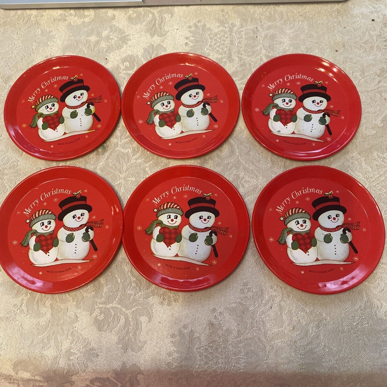 Vtg Snowman Coasters Hong Kong Red 3.5\