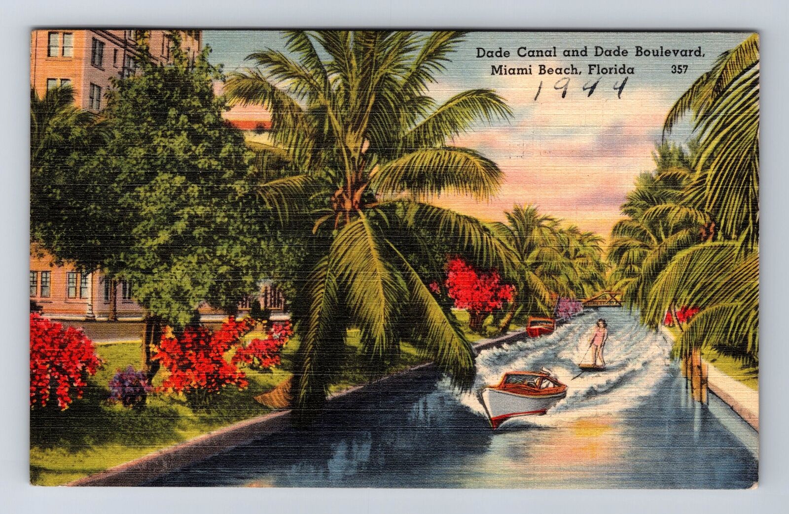 Miami Beach FL-Florida, Dade Canal, Dade Boulevard Water Skiing Vintage Postcard