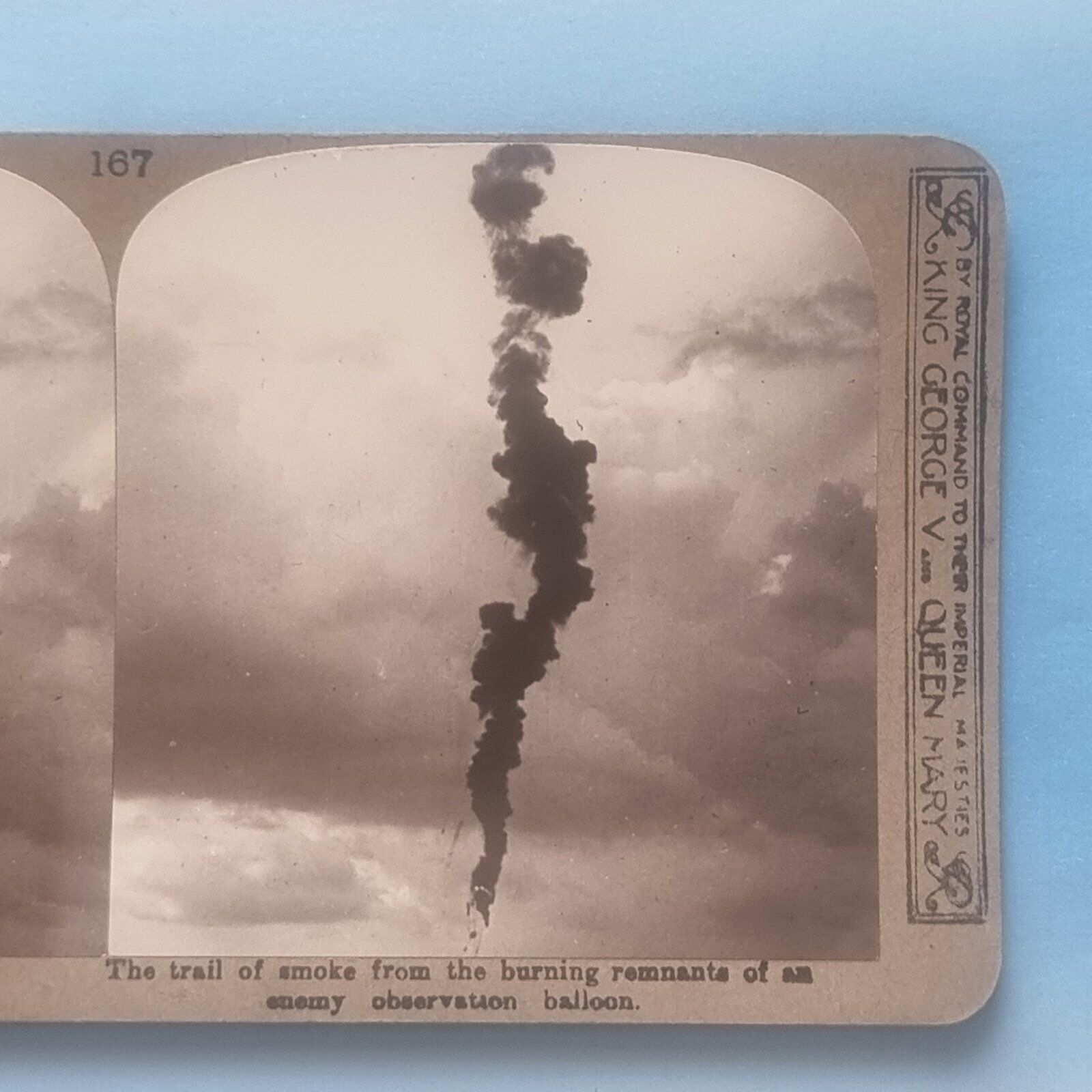 German Observation Balloon Shot Down Burns Gas Smoke Trail WW1 Stereoview C1916