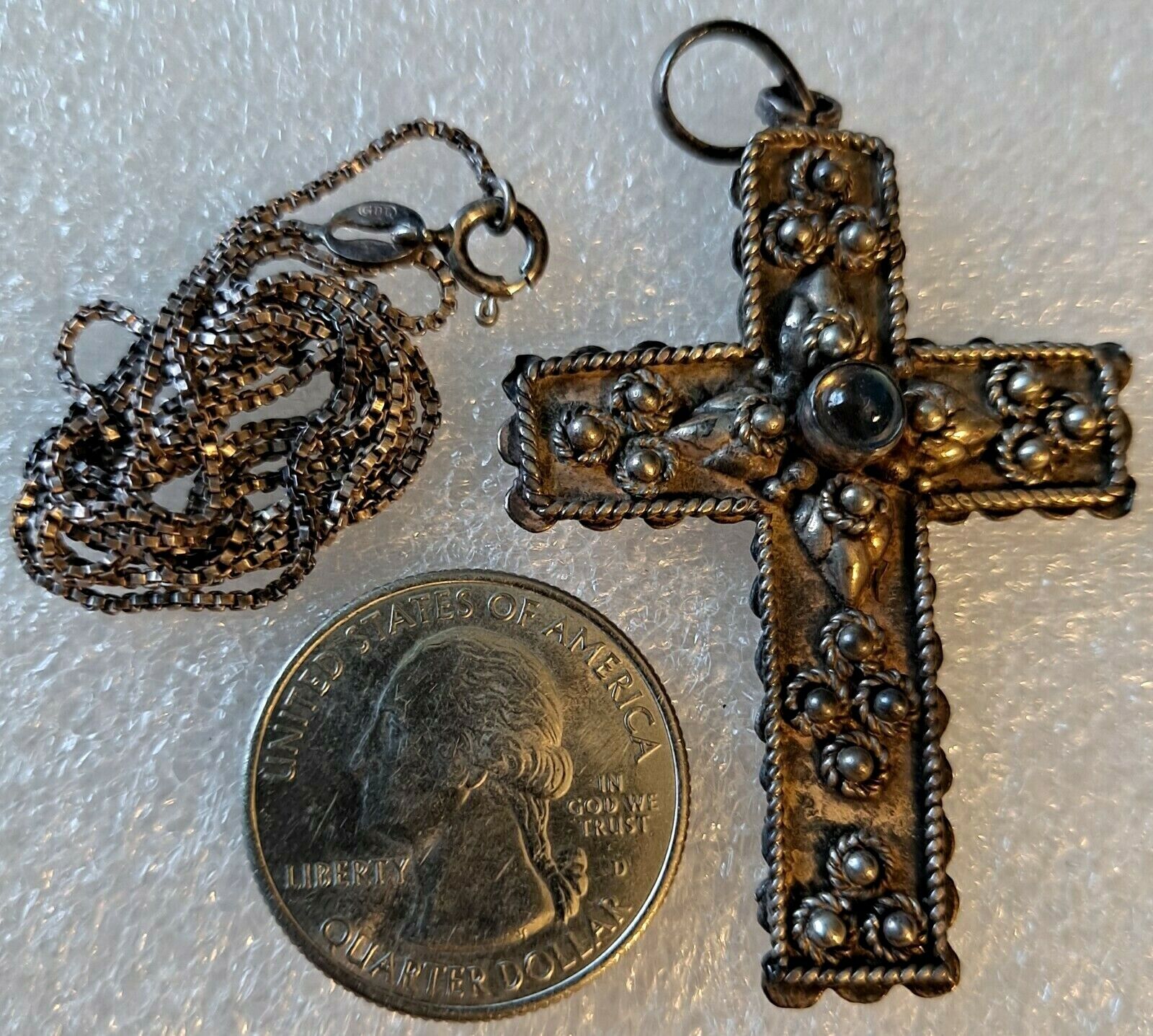 Vint Sterling Silver Bali Made Cross Pendant Unworn Intricate Detail Free Chain