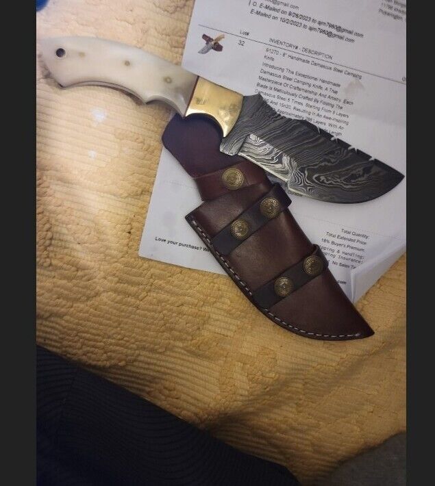 8 inch custom handmade Damascus steel camping knife with bonus leather sheath