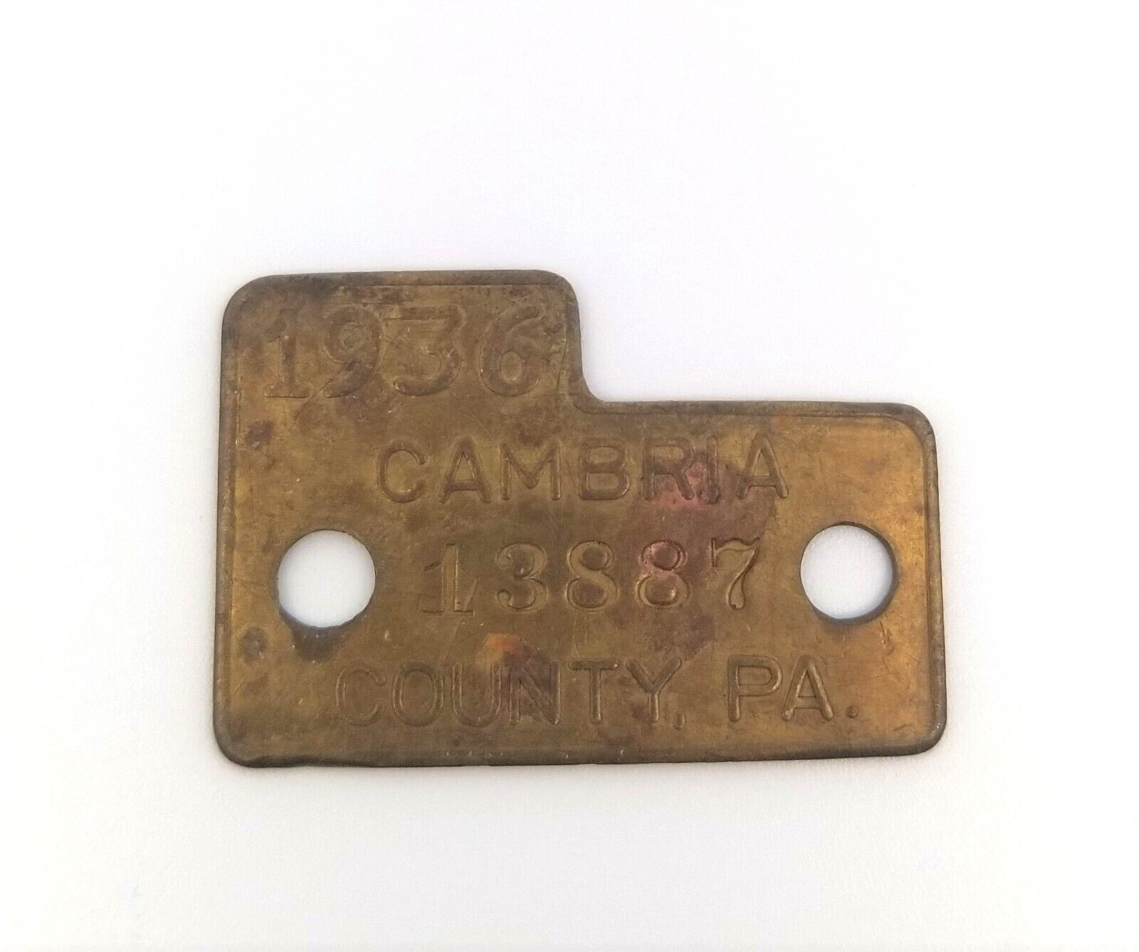 Vintage 1936 Cambria County PA Brass Dog Tag Tax License #13887 Collect Exonumia