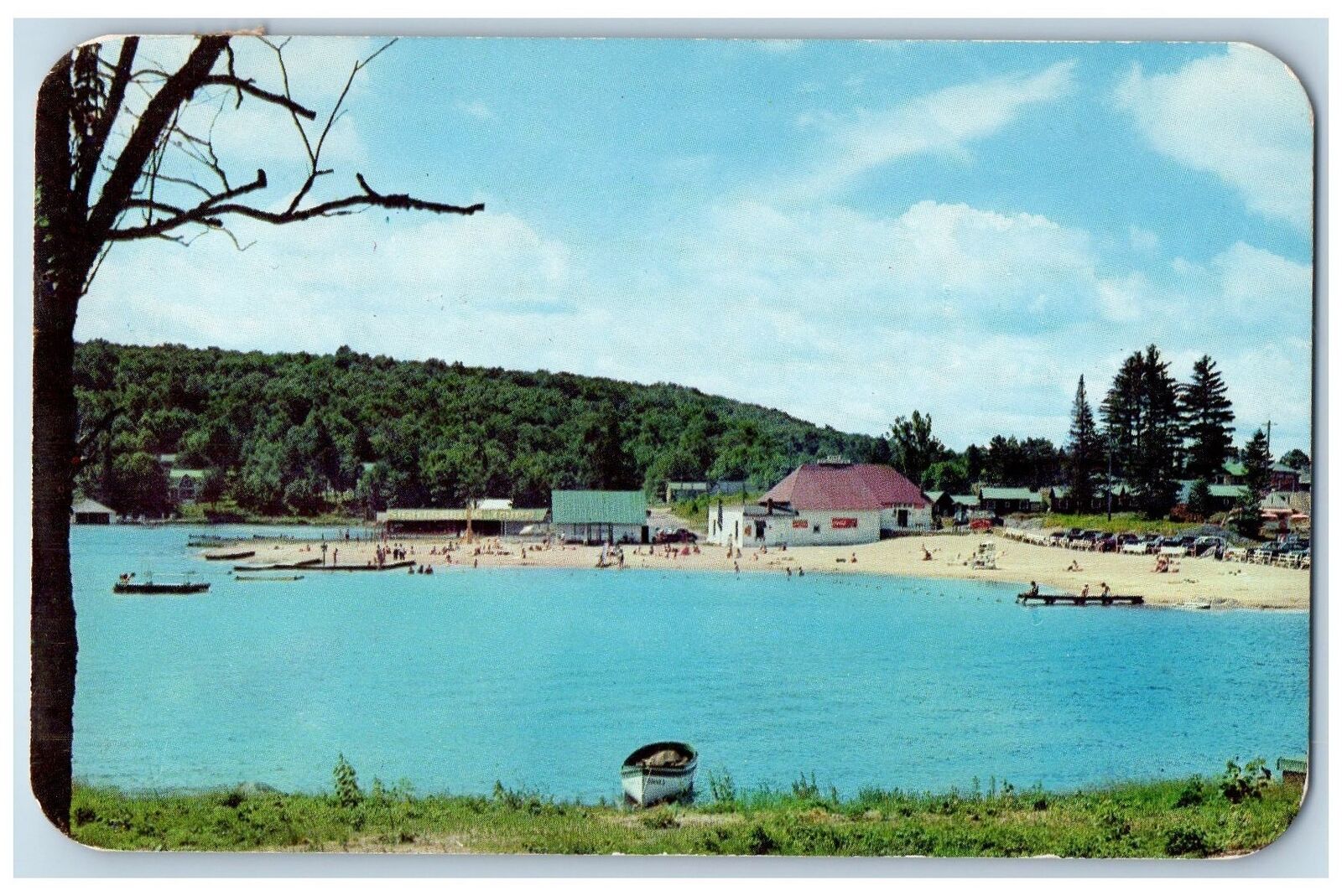 1957 Old Forge Bathing Beach Crowd Boats Old Forge New York NY Antique Postcard