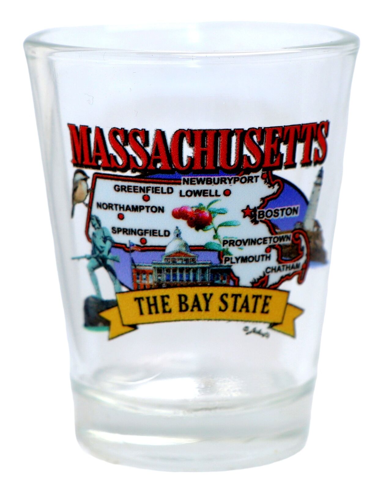 MASSACHUSETTS  STATE ELEMENTS MAP SHOT GLASS SHOTGLASS