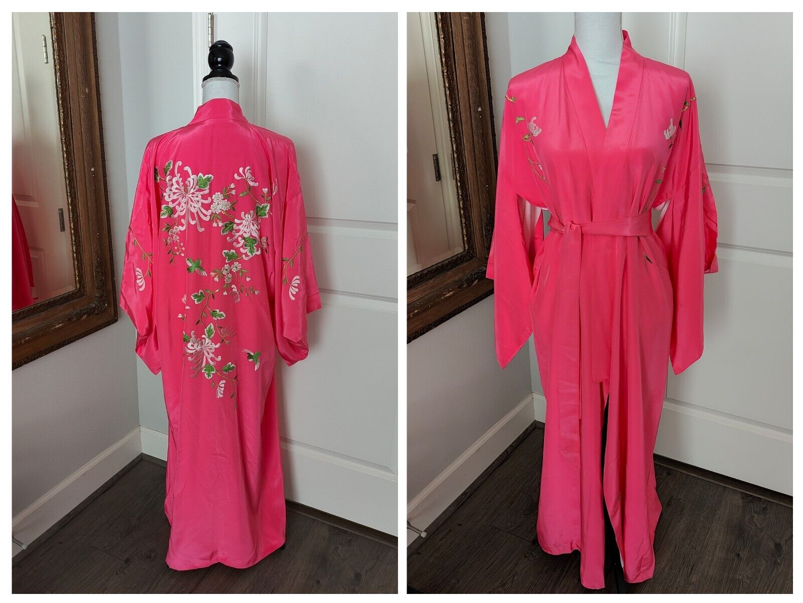 Vintage Kimono Belted Robe Made in Japan Pink Embroidered Mum Floral Birds OSFM