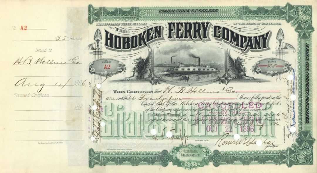 Hoboken Ferry Co. - 1896 or 1897 dated Shipping Stock Certificate - Shipping Sto