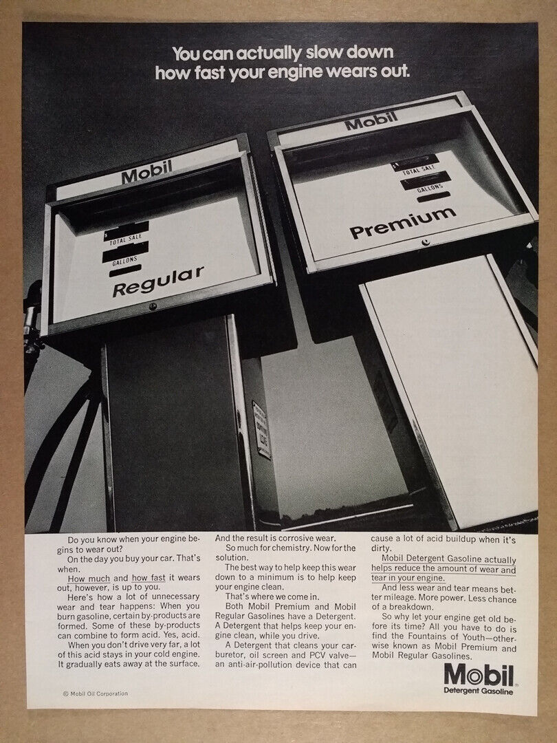 1969 Mobil Regular & Premium Gasoline gas pumps photo vintage print Ad