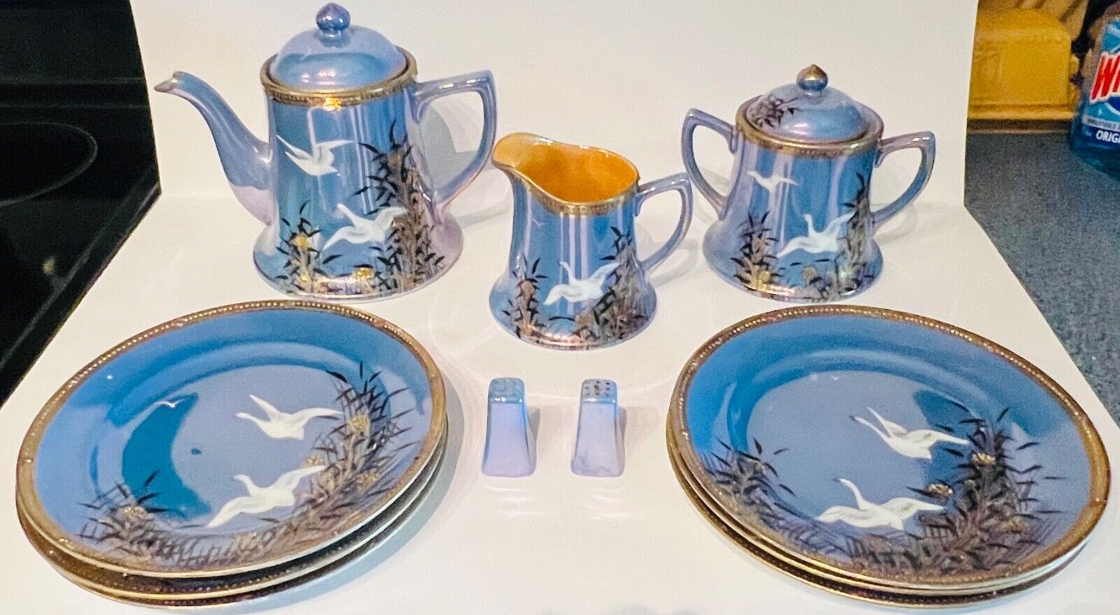 Takito Company TT Lusterware Tea Set Hand Painted Blue with Birds (13 Piece Set)