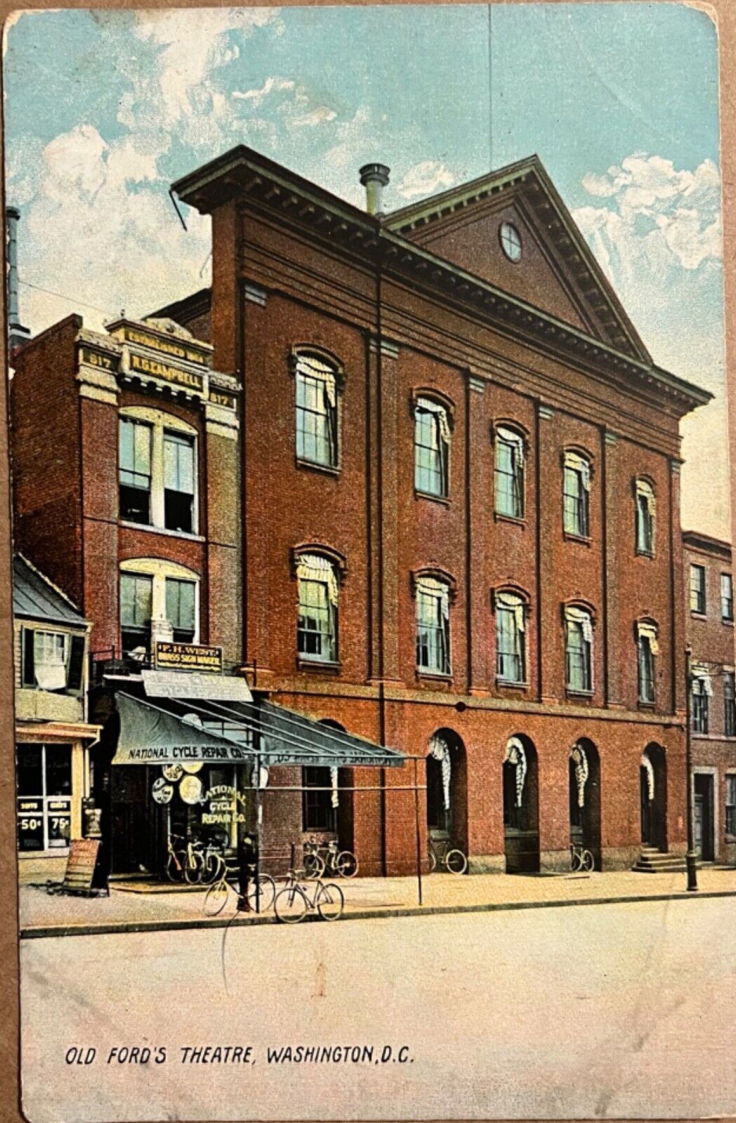 Washington DC Old Fords Theater Bicycle Repair Shop Antique Postcard c1900