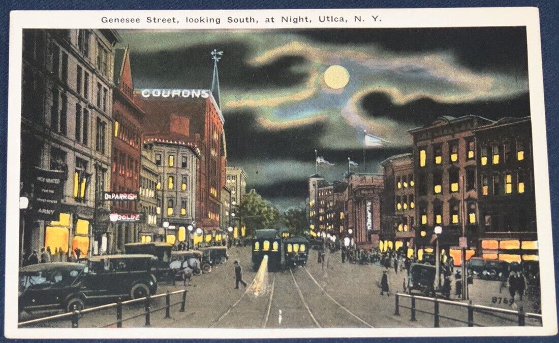 Genesee Street, looking South, Night, Utica, NY Postcard 