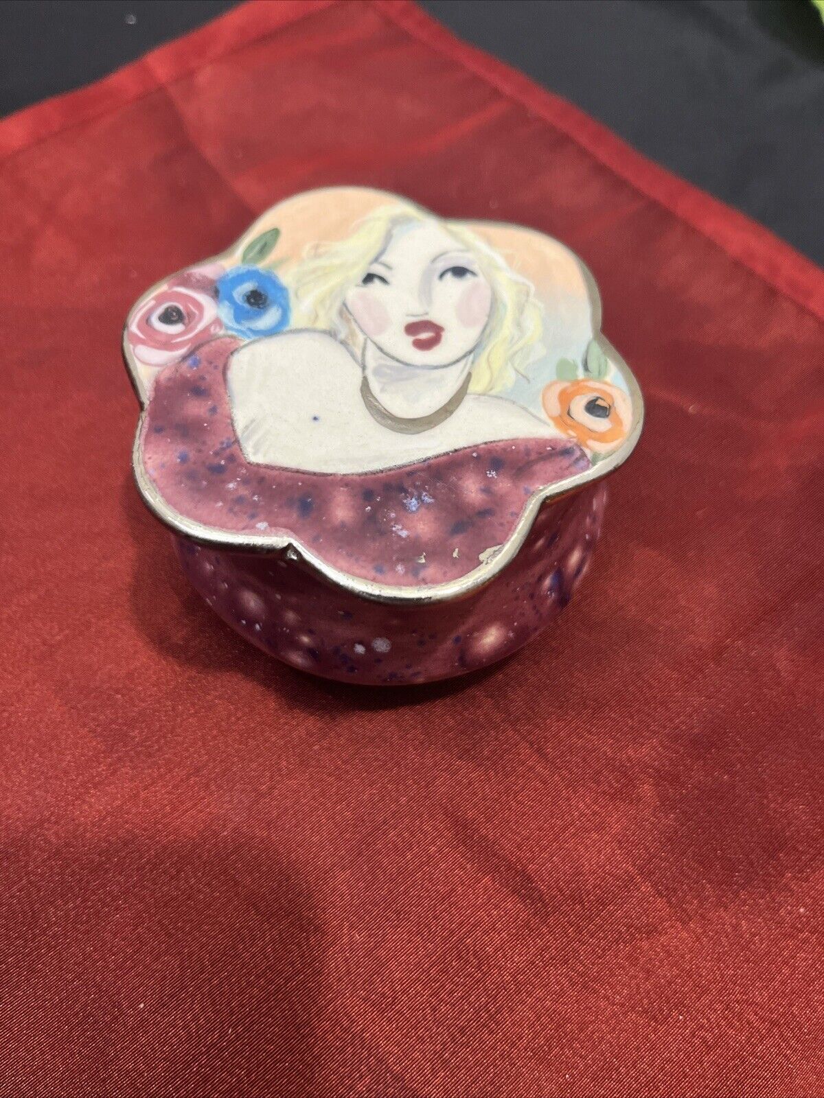 Unique Handcrafted Trinket Box/brooch Hand-Painted Ceramic 2”H 2.75 Inch W