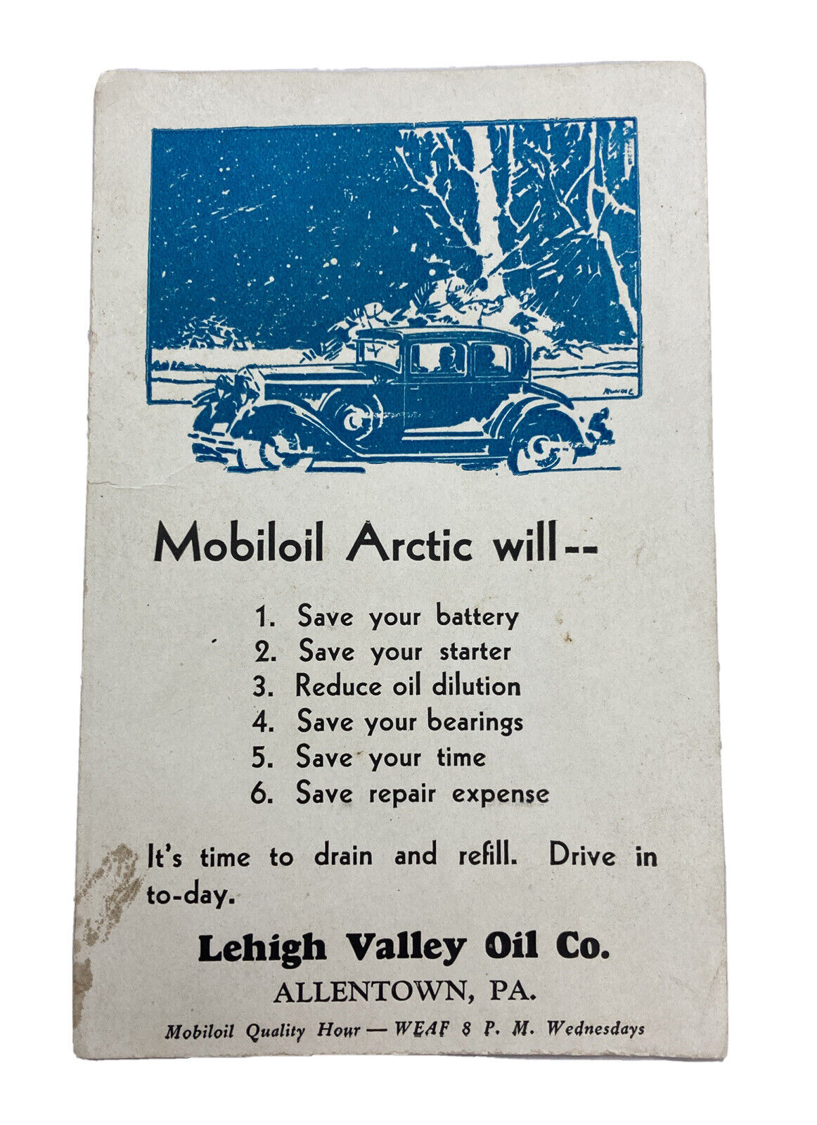 Vintage Advertising Mobiloil Arctic Time To Drain And Refill/ Lehigh Valley Oil