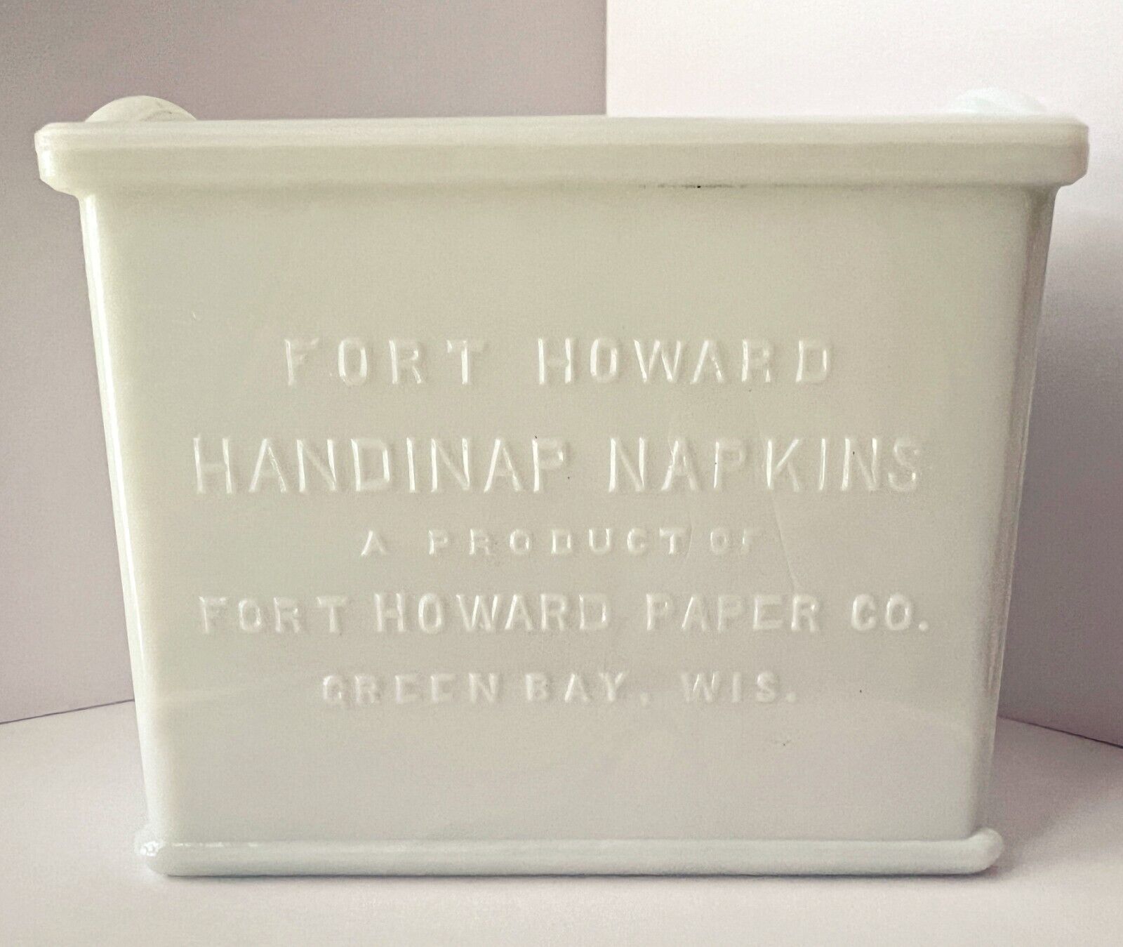 HTF Vintage Milk Glass 1930s Fort Howard Handinap Napkin Holder Green Bay Advert
