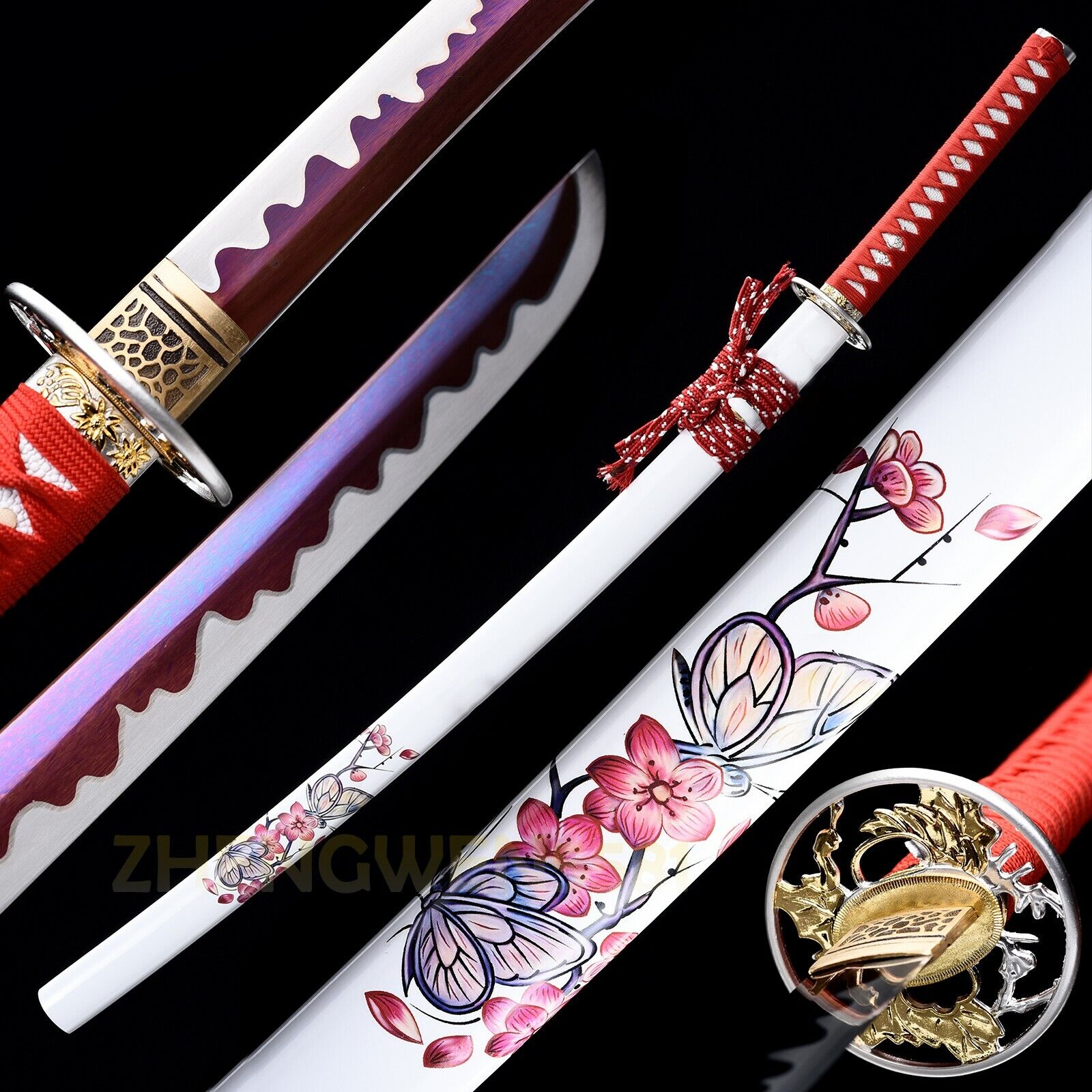 Purple sakura Japanese Samurai Katana NinjaT10 Steel Blade Full Tang Sharp Sword