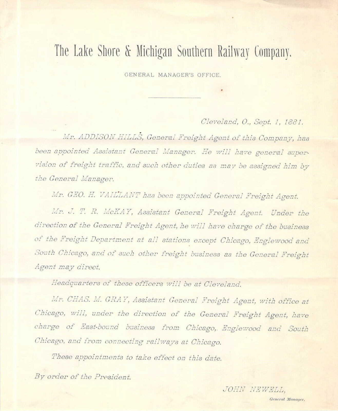 1881 LAKE SHORE MICHIGAN SOUTHERN APPOINTMENT RAILROAD RR RWY RAILWAY