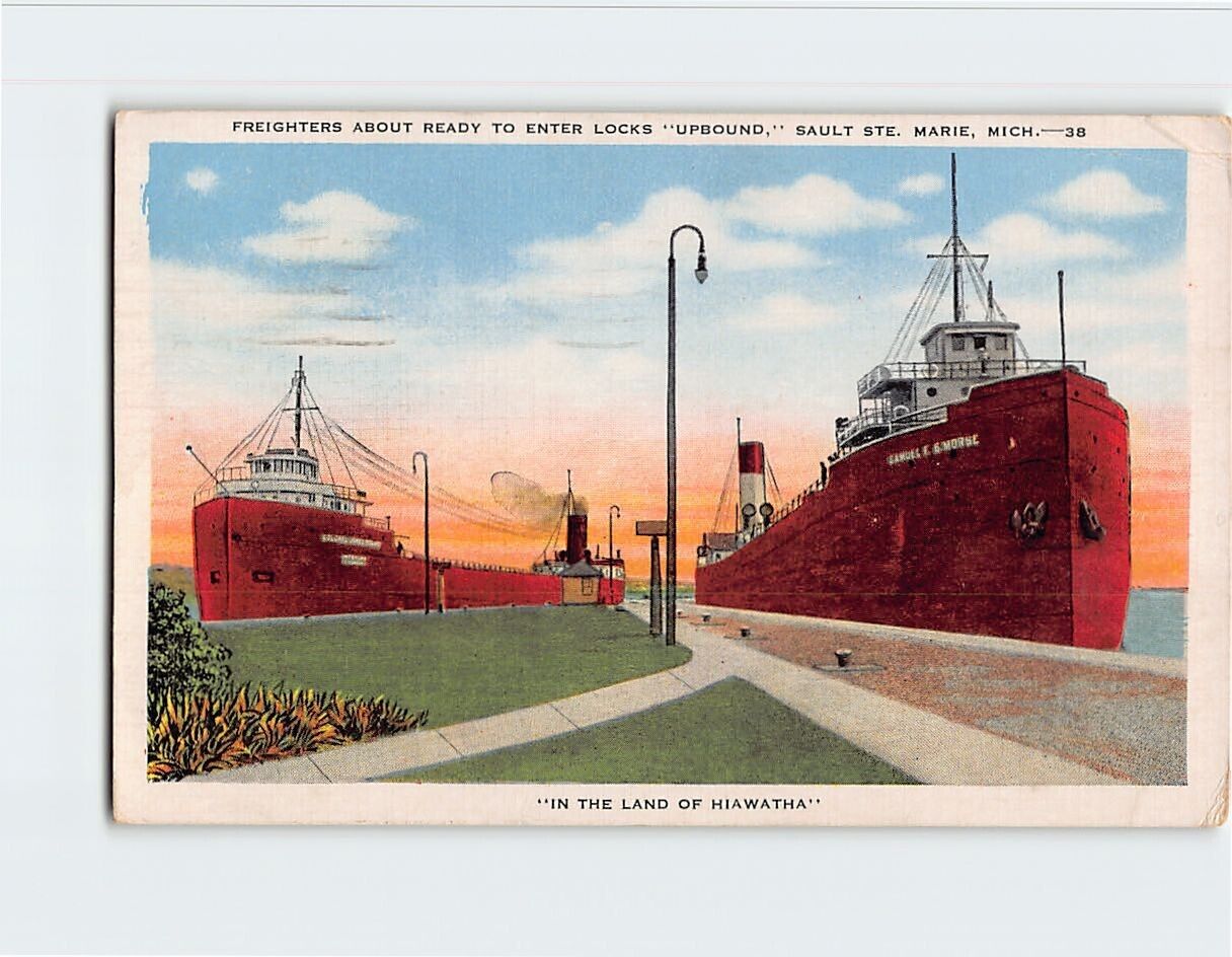 Postcard Freighters About Ready To Enter Locks Upbound Sault Ste. Marie MI USA