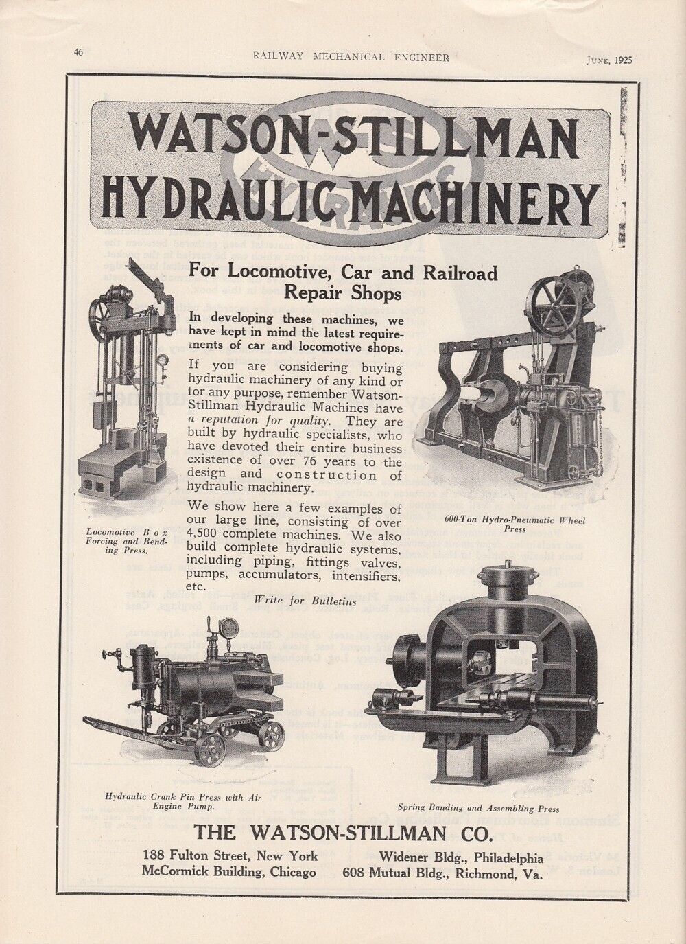 1925 Watson-Stillman Co Ad: Hydraulic Machinery for Locomotive Car Repair Shops