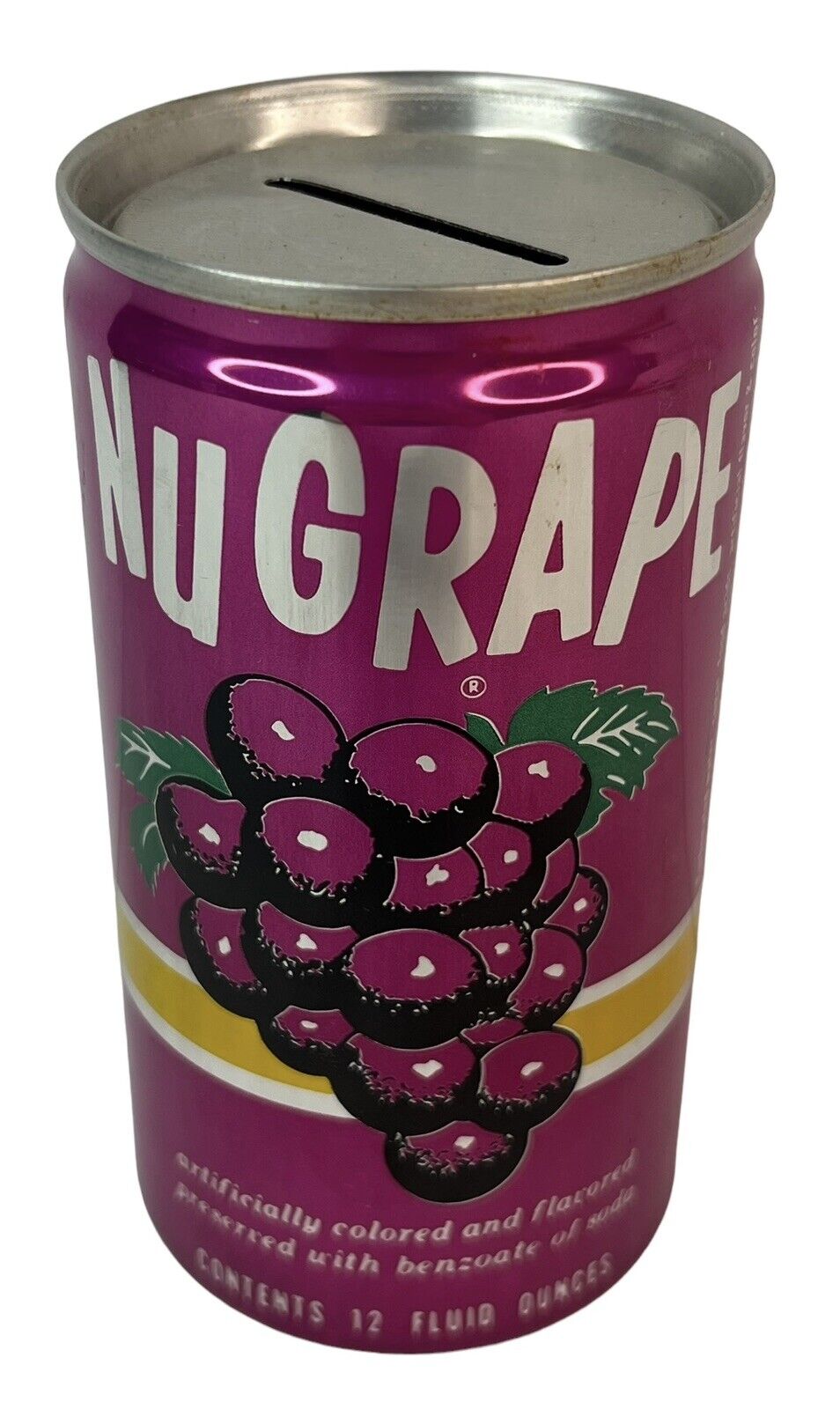 Vintage Nu Grape Soda Can Coin Bank Purple Aluminum 12 Oz Slot Top Tin Preowned