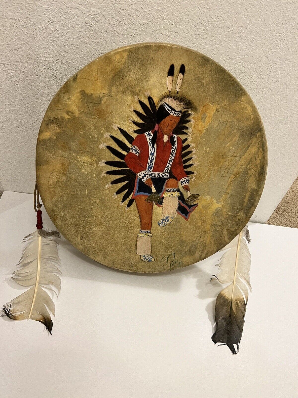 Vintage Native American Dancer, Hand Painted & Signed Hide Drum,  15\