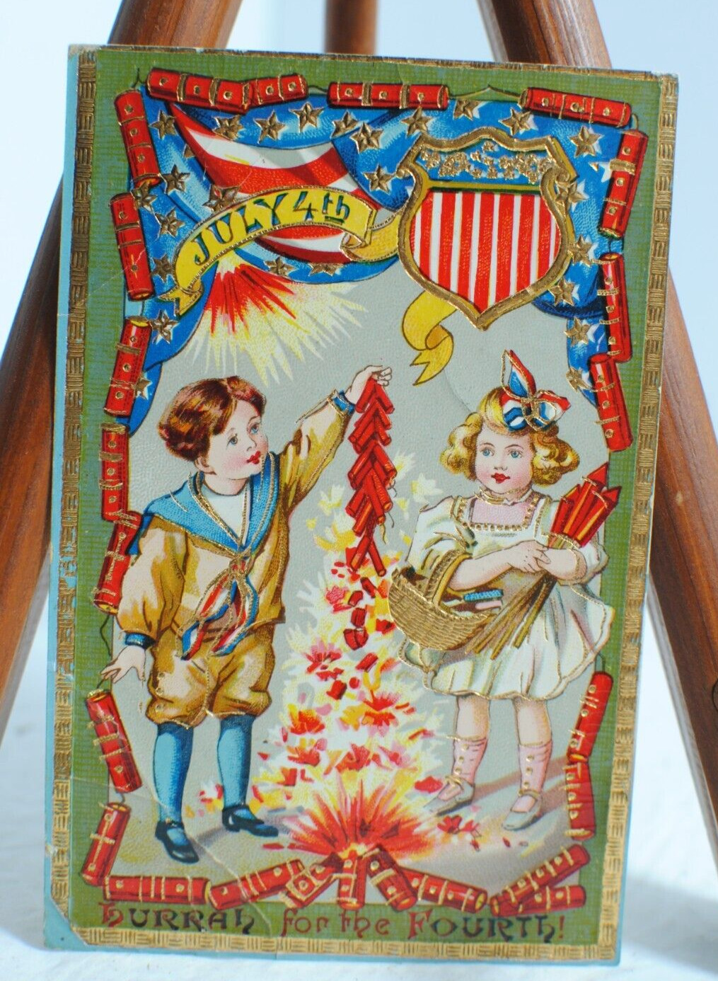 Antique 1910 German 4th of July Foil Hurrah for the Fourth Postcard Posted