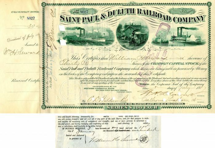 Saint Paul and Duluth Railroad Co. Issued to and signed by William H. Seward - A