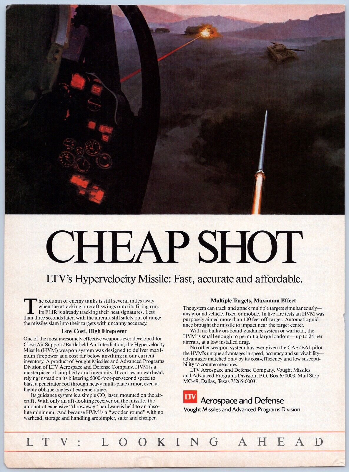 1986 LTV Aerospace & Defense Aviation Ad Vought Missiles HVM Hypervelocity