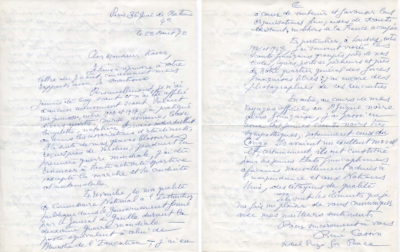 René Cassin NOBEL PEACE PRIZE autograph letter signed