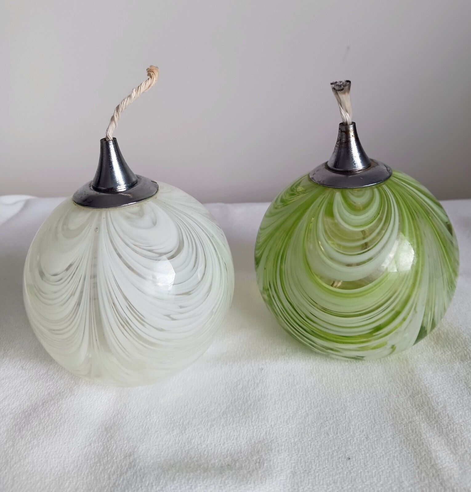 2 Vintage Swirl Glass Oil Lamps Blown Glass Green and White Pair