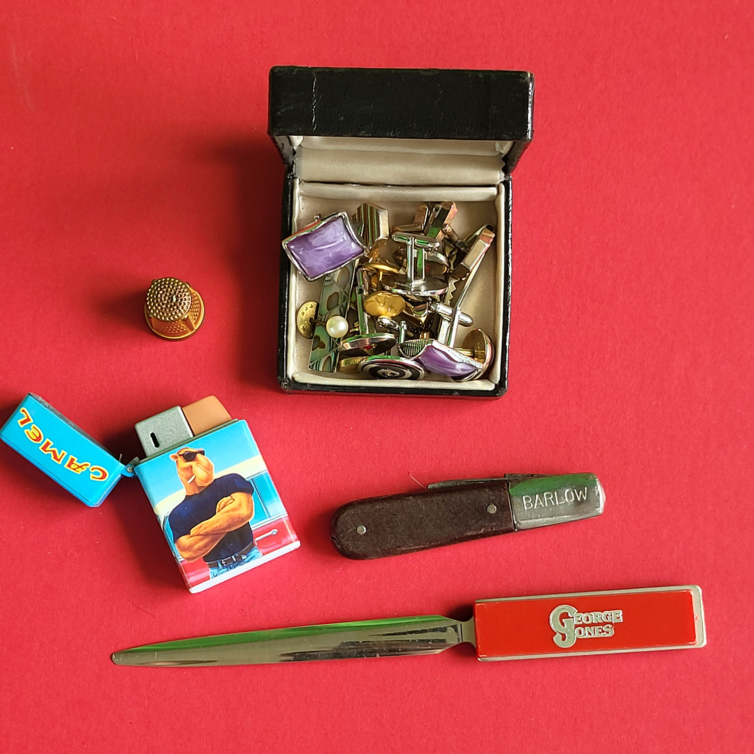 Vintage Junk Drawer Lot Camel Lighter, Barlow Knife, George Jones Opener, & More