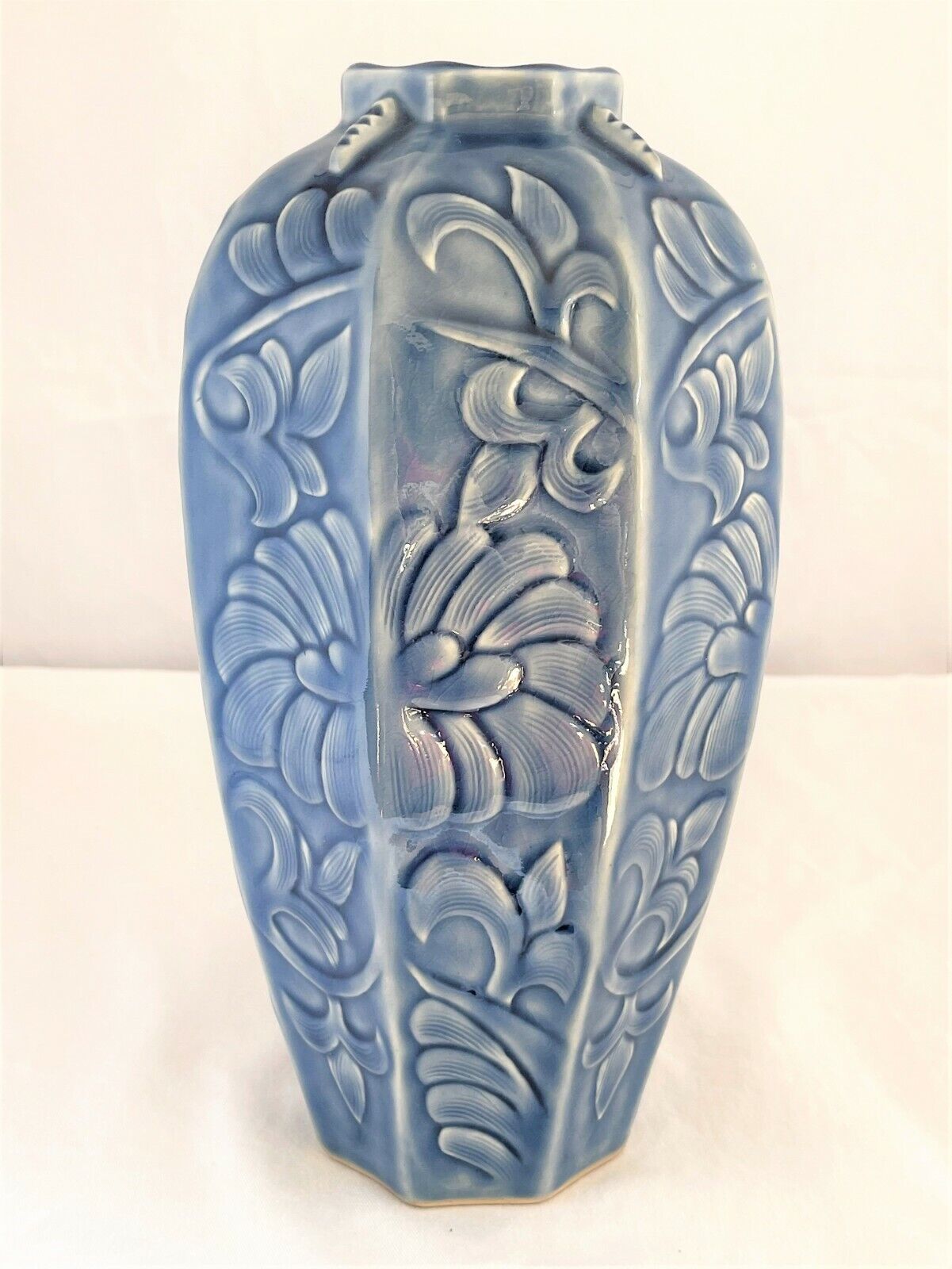 Beautiful Japanese Blue Monochrome Octagonal shape Vase Lotus Flowers