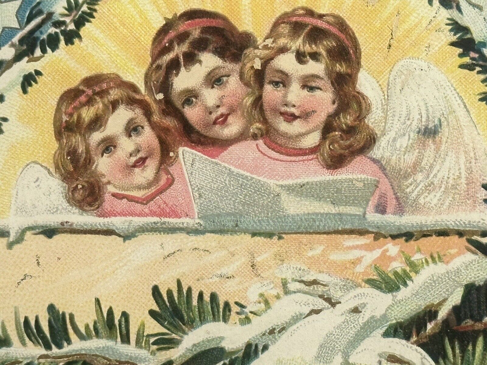 Christmas Postcard Children Three Angel Choir Church Snowy Tree Winter Scene