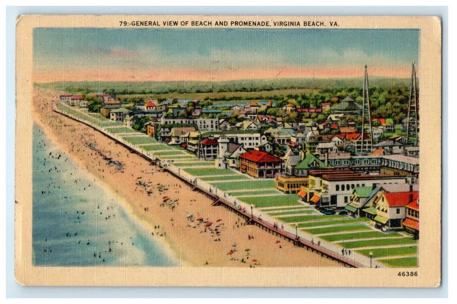 1946 General View of Beach and Promenade, Virginia Beach, Virginia VA Postcard