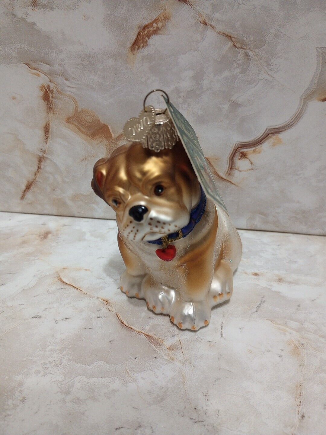 OWC Old World Christmas Brown white Bull Bulldog pup VTG glassdog ornament 12136