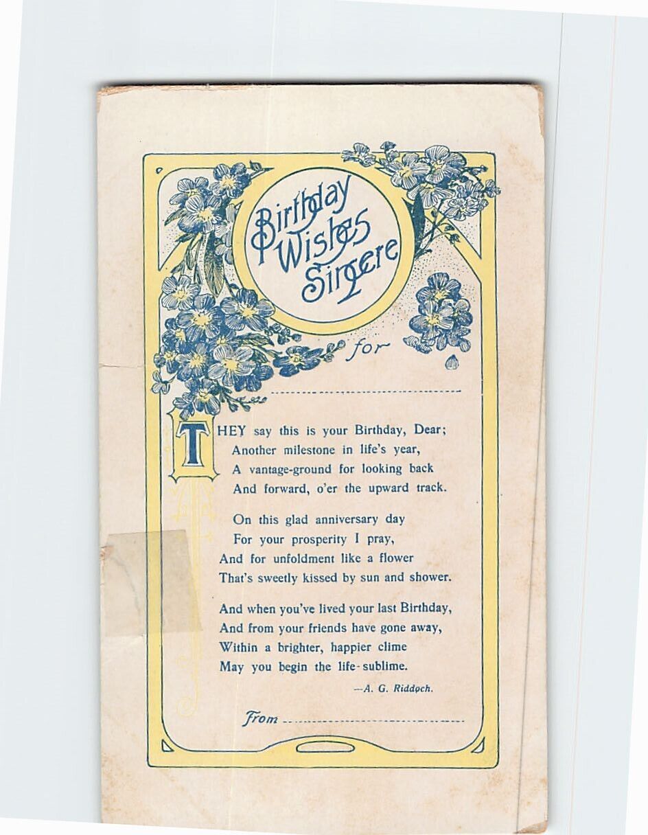 Postcard Birthday Wishes Sincere Poem by AG Riddoch