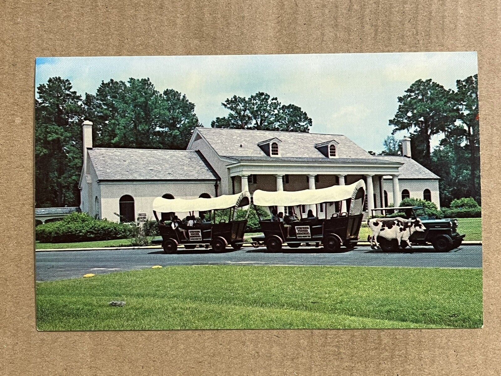 Postcard White Springs FL Stephen Foster Memorial Conestoga Wagon Train Cow Jeep
