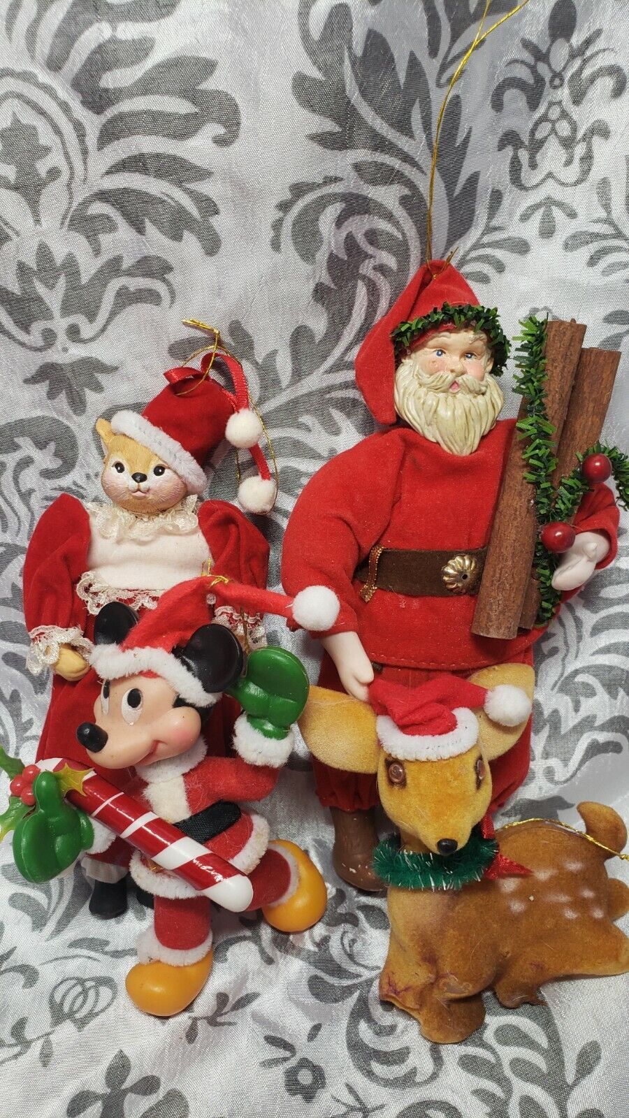 Vintage Flocked Ornaments Lot Of 4 Mickey Mouse, Santa, 2 Others.