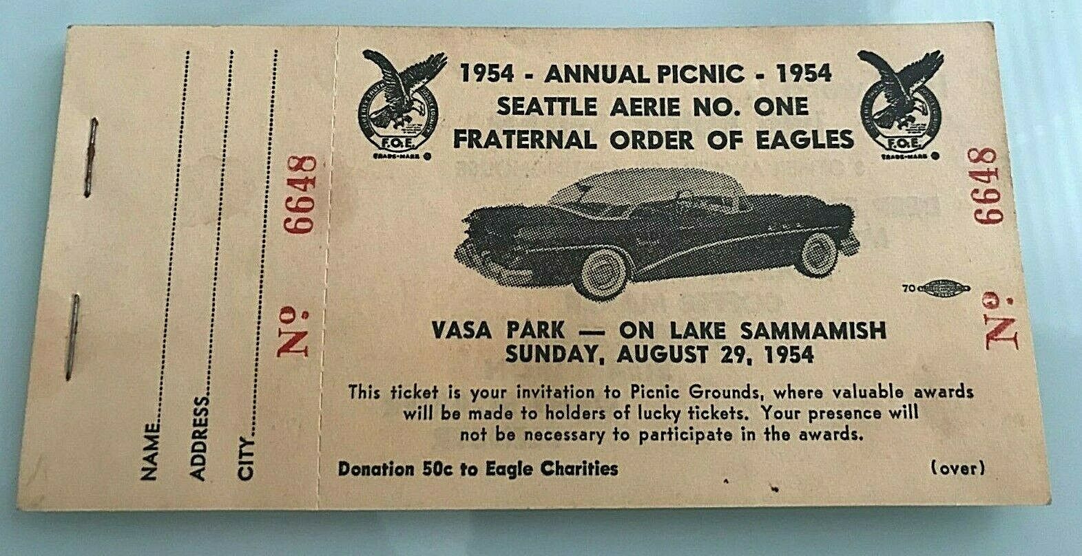 1954 Annual Picnic Seattle Aerie No1 FRATERNAL ORDER OF EAGLES RAFFLE 1954 BUICK