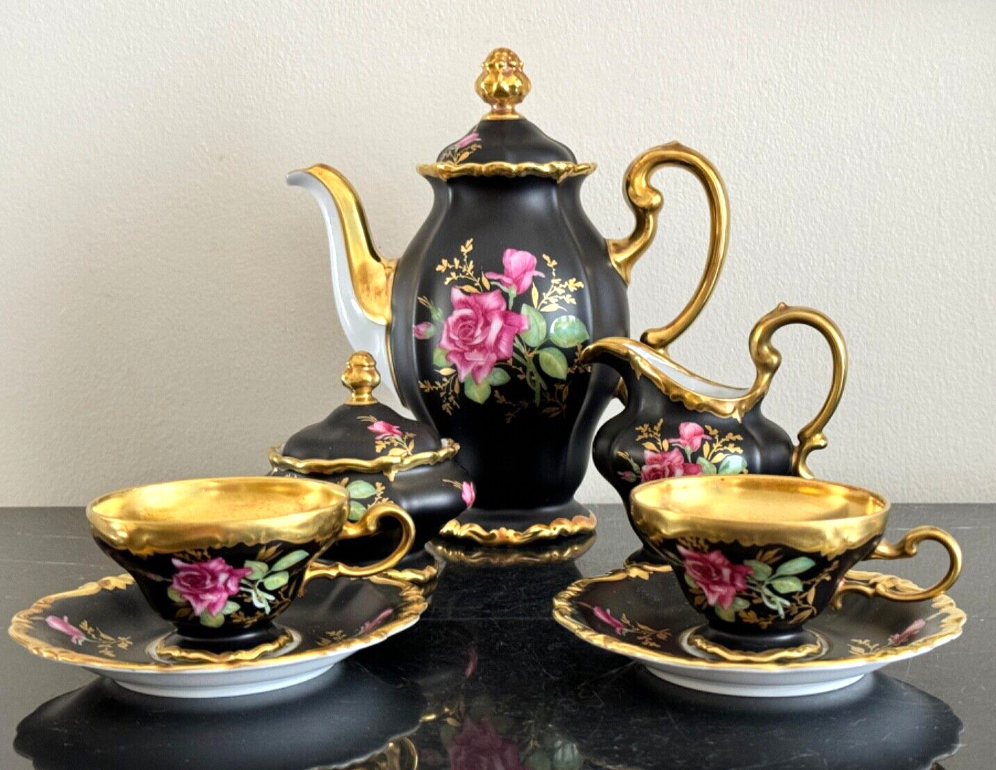 Vintage Rosenthal Germany Pompadour Pattern Black Gold Roses Tea Set for 2