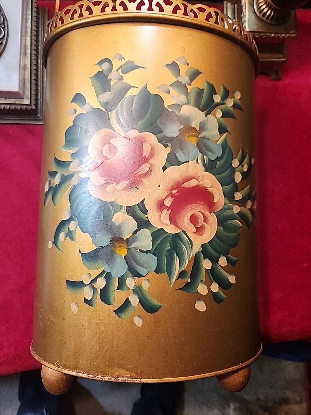 Vintage Plymouth Tole Trash Can Waste Basket Hand Painted Floral on Gold