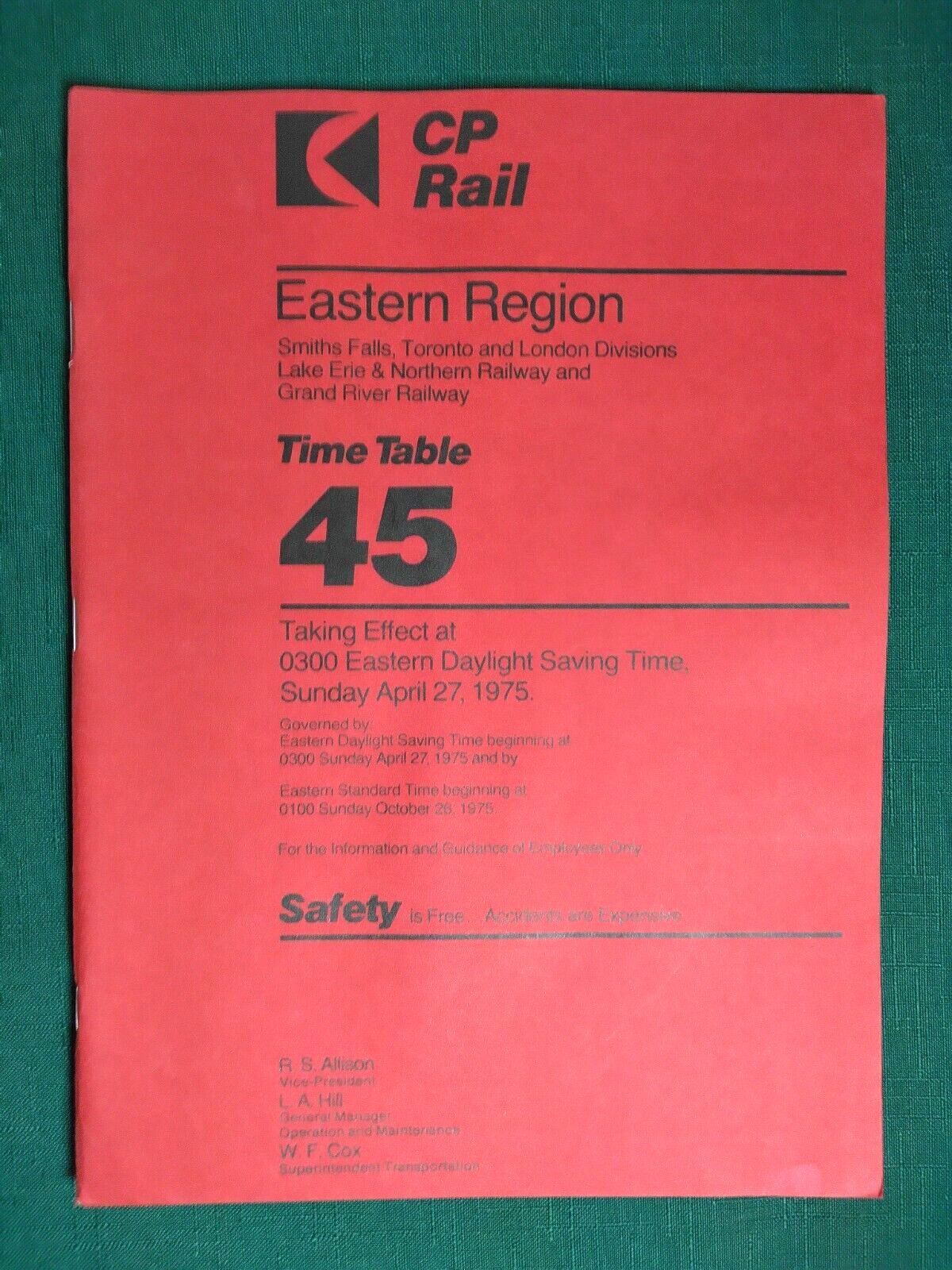 1975 CP Rail Guidance Of Employee Time Table 45 Eastern Region Northern Railway